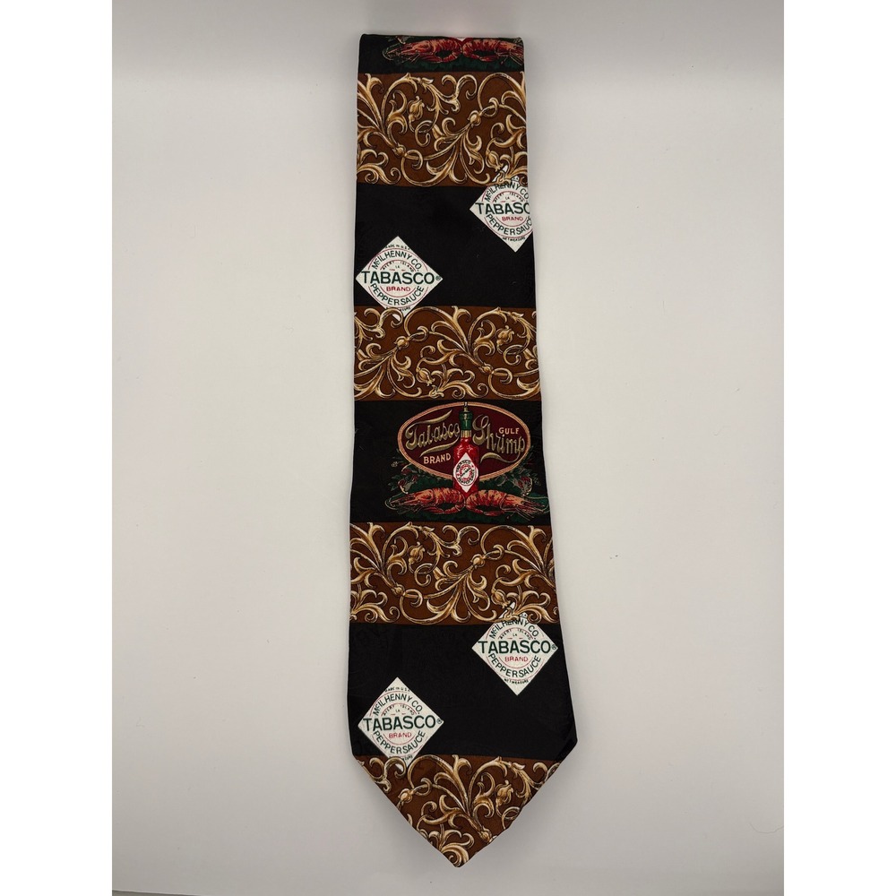 Tabasco Silk Tie Gulf Shrimp Pepper Sauce Gold Filigree Black Novelty Necktie